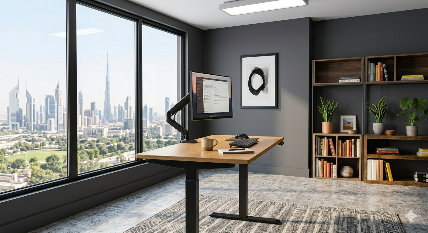 Premium standing desk setup with bamboo top and city view