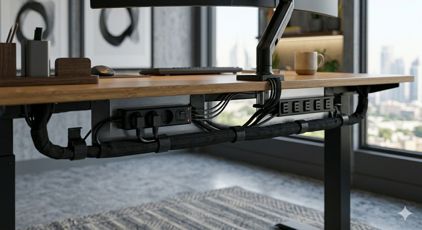 Under desk cable management system on standing desk