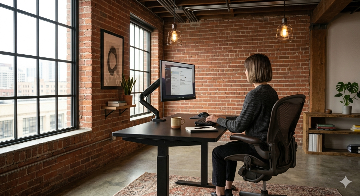 Person working at standing desk in industrial style home office
