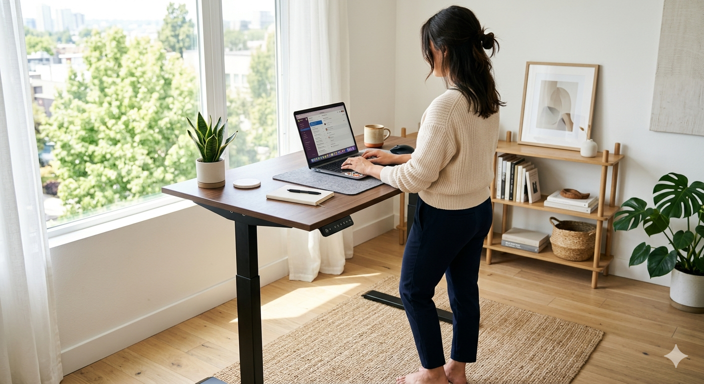Woman working at standing desk in bright home office